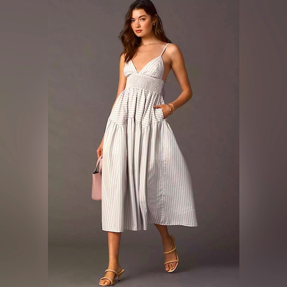 En Saison Haisley Sleeveless V-Neck Midi Dress Striped Midi Dress, Pink, Small